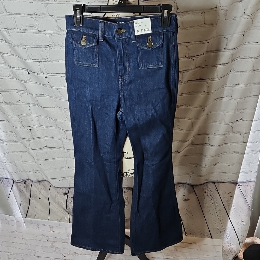 J. Crew Dark Blue Flare High Rise Semi-Stretch Flap Pocket Jeans NWT Size 25P
